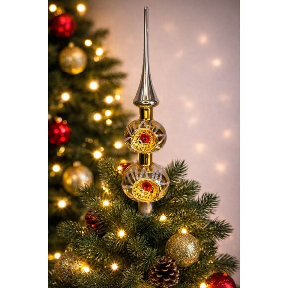 West Germany Other - Vintage Larissa West Germany Double Indented Reflector Glass Tree Topper 13" Box